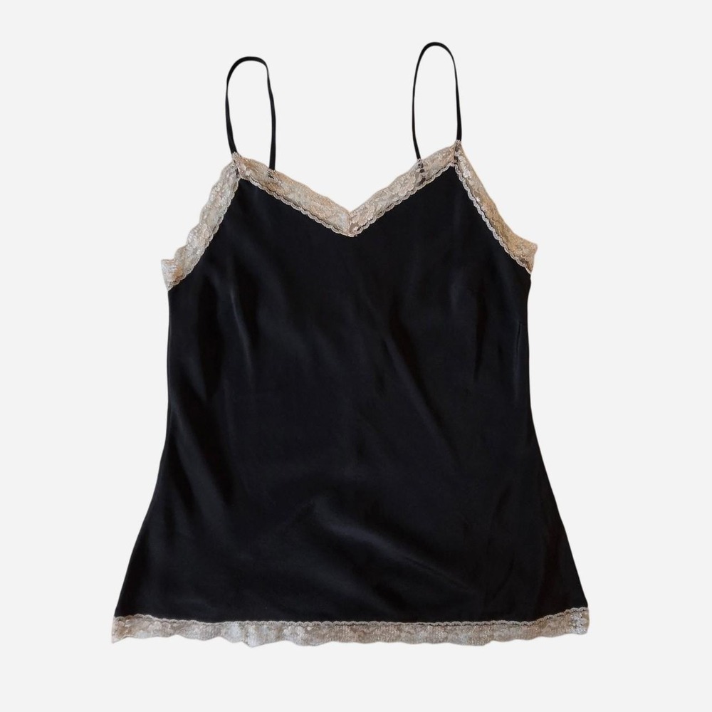 Black silk lace trim cami tank top